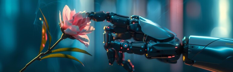 In this closeup cyber concept, an uncanny robotic hand touches a delicate flower, Sharpen Cinematic tone with blur background and no text, logo brand in photo