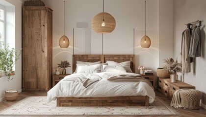 Light bedroom rustic interiors are beautified by the subtle placement of rustic cabinets against a white wall, 3D render sharpen