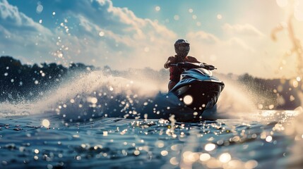 A jet ski race on a lake with splashing water and excitement. - Powered by Adobe