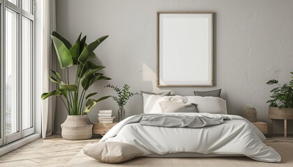 Modern ScandiBoho themes are perfectly embodied by the clean lines of a minimalist modern frame mockup, 3D render sharpen