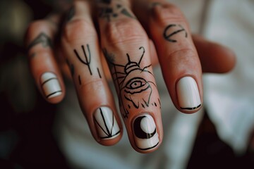 mans hand with a perfect short nail manicure, black thin hand painted abstract line art on the nails