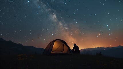A man setting up a tent under a starry sky in the wilderness.