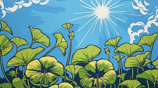 Retro green morning glory flowers illustration poster background