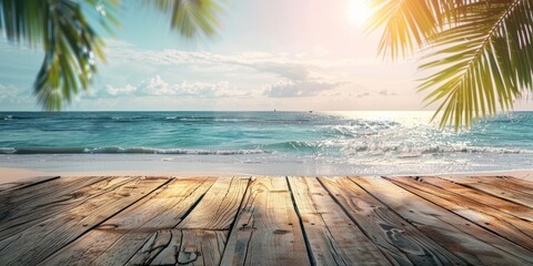 Tropical Beach Scene with Palm Leaves and Calm Sea Generative AI