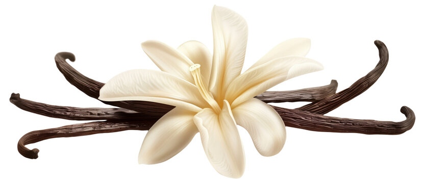 A beautifully detailed image of a white lily surrounded by several dark vanilla pods.