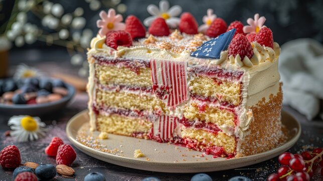Patriotic American Flag Cake Design for Independence Day Celebration. Veterans Day, Memorial Day, Fourth of July Food Concept. Generative ai