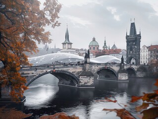 AI generated illustration of a bridge with modern architecture renovation in old European city