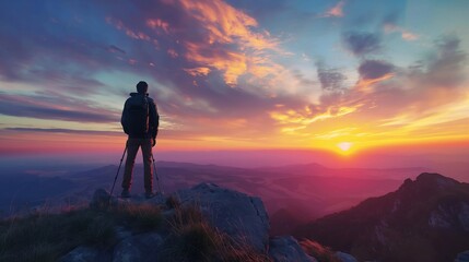 Fototapeta premium A painter admiring the sunset for inspiration on a hilltop.