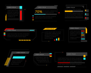 Hud callout titles. Futuristic text boxes, digital callouts bar labels. Digital futuristic infochart for visualization objects. Interface elements HUD, UI, GUI.