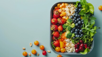 Healthy vegan organic and nutritious food in Lunch box for children, students. Refresh your study break concept. Back to school concept. Generative ai