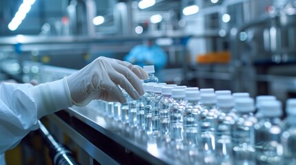 Hand with sanitary gloves check Medical vials on production line at pharmaceutical factory, Pharmaceutical machine working pharmaceutical glass bottles production line.	