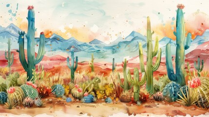 Fototapeta premium A beautiful watercolor painting of a desert landscape. The foreground is filled with colorful cacti and flowers, while the background shows a mountain range in the distance.
