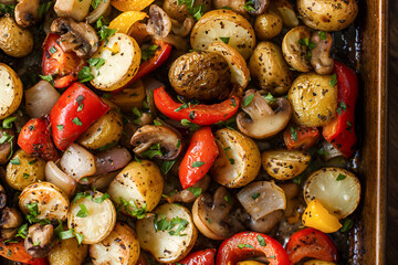 baked, grilled or roasted vegetables, tomato, pepper, onion, mushroom and potato with parsley, healthy vegetarian food, top view