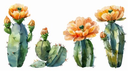 A set of watercolor illustrations of cacti with orange flowers