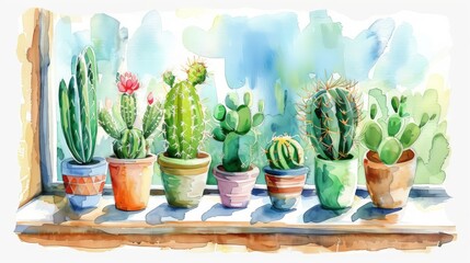 A variety of cacti and succulents in pots are sitting on a ledge near a window.