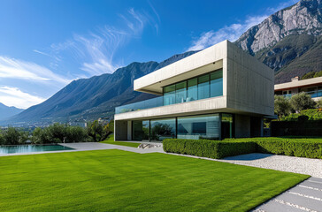 Modern villa with a large lawn, white walls and a concrete floor, swimming pool on the right side of the house, overlooking mountains in the distance, blue sky