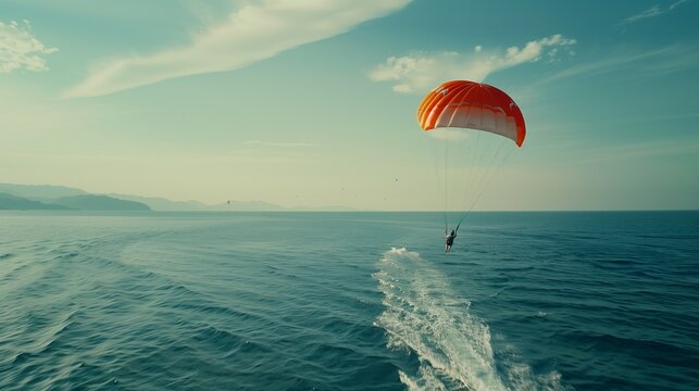 A parasailing adventure with a person soaring above the sea.