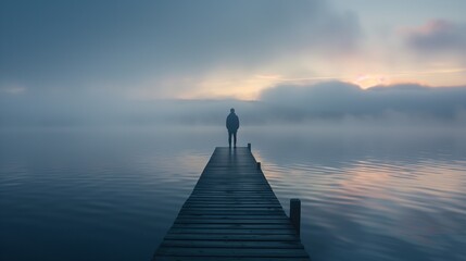 A person standing on a pier, gazing at the horizon during a foggy morning. - Powered by Adobe