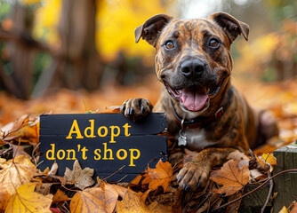 A dog in a fall setting holds a sign saying "Adopt don't shop" among colorful autumn leaves.