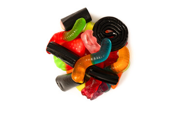 Assorted colorful gummy candies isolated on a white background. Top view. Jelly  sweets.