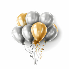 Vector happy birthday horizontal illustration with 3d realistic golden and silver air balloon on white background