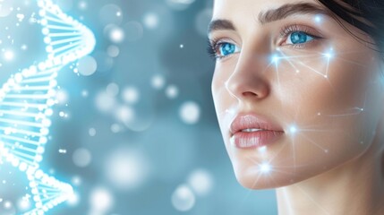 A woman looks intently at a floating digital representation of a DNA helix, symbolizing advanced biotechnology.