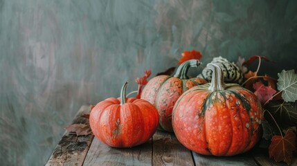 Still life of vibrant orange pumpkins arranged on a rustic wooden surface, surrounded by autumn leaves.