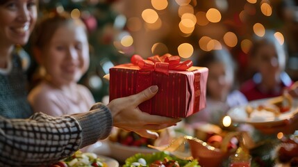 Family Celebrates Holiday Season with Joyful Gift Exchange. Warm, Festive Atmosphere Captured in Photograph. Captivating Candid Moment. AI