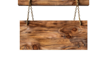 Close-up view of a wooden sign suspended by chains and ropes on a white background.