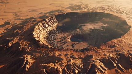 A picturesque view of an asteroid impact crater, its vast size and dramatic landscape showcasing the power of these celestial bodies on International Asteroid Day. - obrazy, fototapety, plakaty