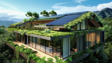 Sustainable architecture with solar panels and green roof.