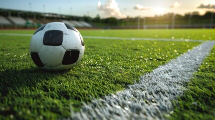 Fototapeta premium A soccer ball is sitting on a field with a white line