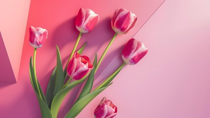 This creative floral concept for a banner background plays with geometric shapes and vibrant tulips, Sharpen banner background concept 3D with copy space