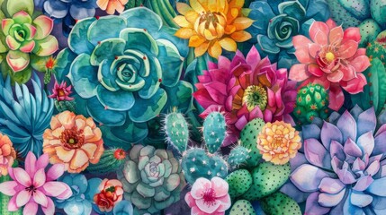 The image shows a variety of succulents and cacti, all painted in different colors.