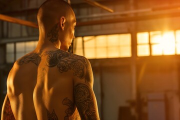 A man with tattoos on his back is standing in a room with a window. The sun is shining through the window, casting a warm glow on the man's tattoos. Scene is relaxed and comfortable