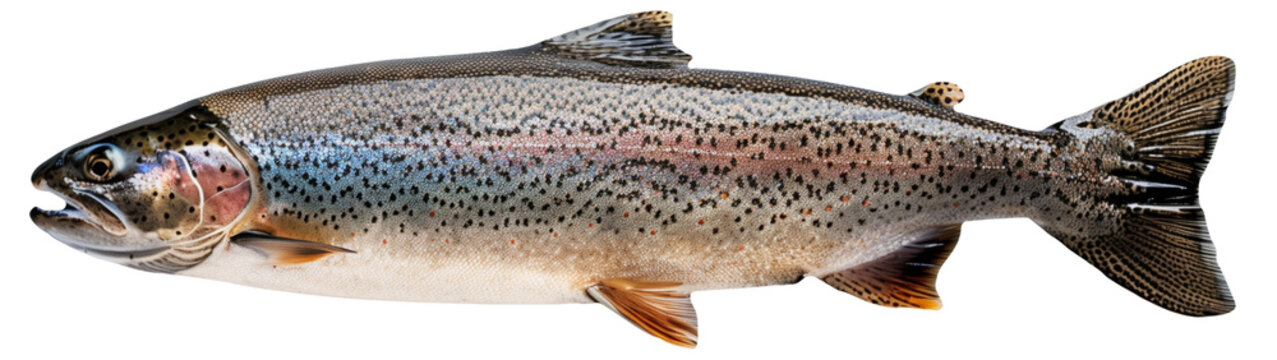 Close-up of a fresh rainbow trout on a white background, showcasing its vivid colors.