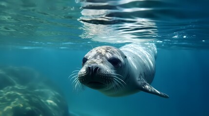 Cute seal swimming underwater in the ocean. Animals in wildlife.