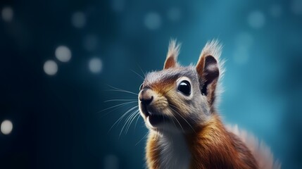 Portrait of a squirrel on a dark blue background with copy space
