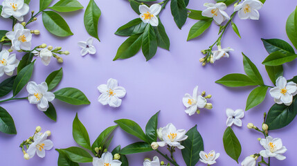 Composition with beautiful jasmine flowers and leaves