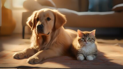 Golden retriever puppy and tabby kitten sitting together on wooden floor