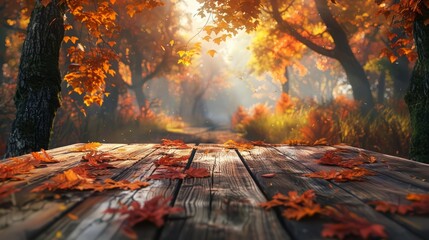 Wooden table with the vivid colors of an autumn forest creates a perfect seasonal backdrop, Sharpen 3d rendering background