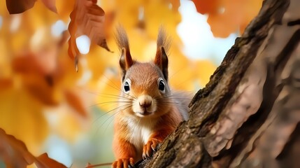 Cute squirrel on tree in autumn park, closeup. Space for text