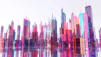 A 3D render depicts a futuristic cityscape with towering buildings designed in neon colors and hitech textures, Sharpen isolated on white background