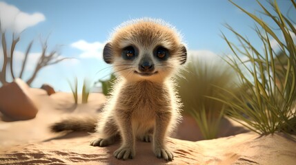 Cute meerkat in the desert. 3D illustration.