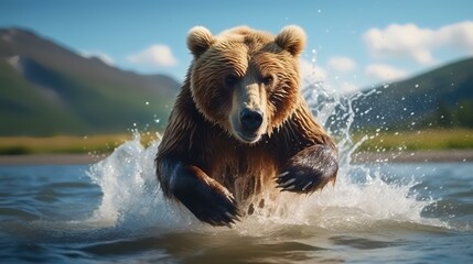 Brown bear jumps out of the water. Kamchatka, Russia