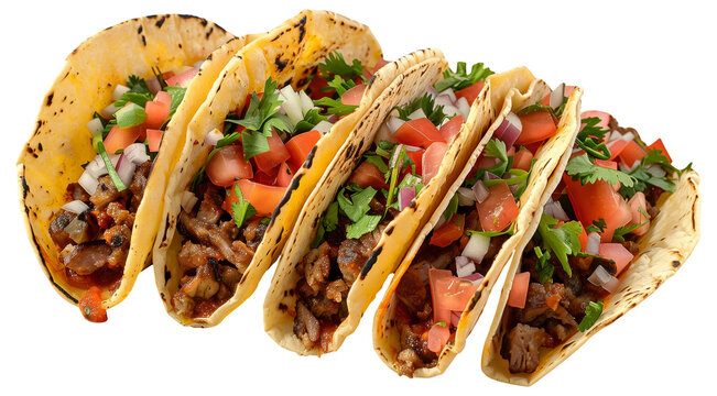 Four delicious tacos filled with grilled meat, diced vegetables, and fresh herbs.