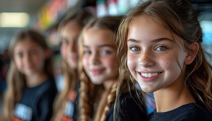 Fototapeta premium Group of young volunteers smiling happy standing at charity center.