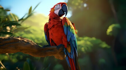 Scarlet macaw sitting on the branch of a tree in the jungle