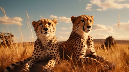 Two cheetahs sitting in the grass in Serengeti National Park, Tanzania