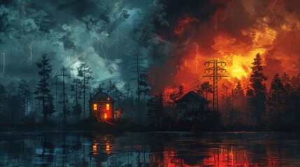 Obraz premium A digitally enhanced artwork portraying a surreal apocalyptic scene with a fiery sky and lightning hitting the forest